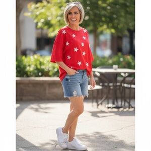 PEACH LOVE CALIFORNIA Sequin stars red tunic tee Sz S M L